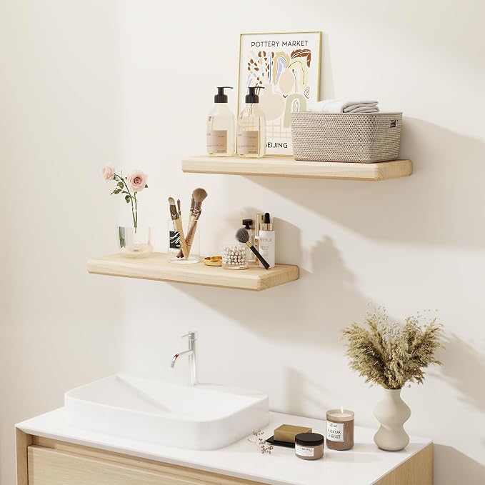 Axeman 24Inch Natural Wood Floating Shelves for Wall|Rustic Wooden Shelves for Bedroom Kitchen Bathroom|Storage Shelf with Invisible Bracket for Wall Mounted|Set of 2|Natural Color