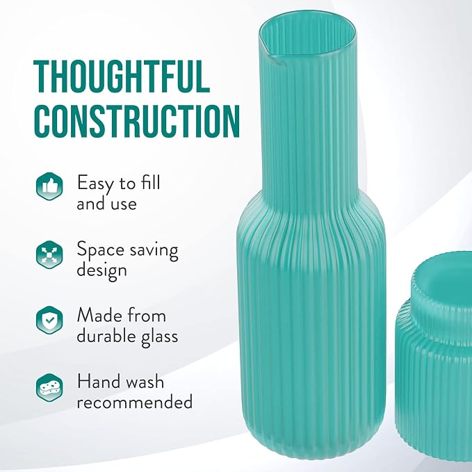 American Atelier 30 oz Ribbed Glass Water Carafe Set with Tumbler, Set of 2 – 10" Easy Pour Spout, Cup for Office, Kitchen & Bedside Use, Stylish and Functional Drinkware (Aqua Blue)