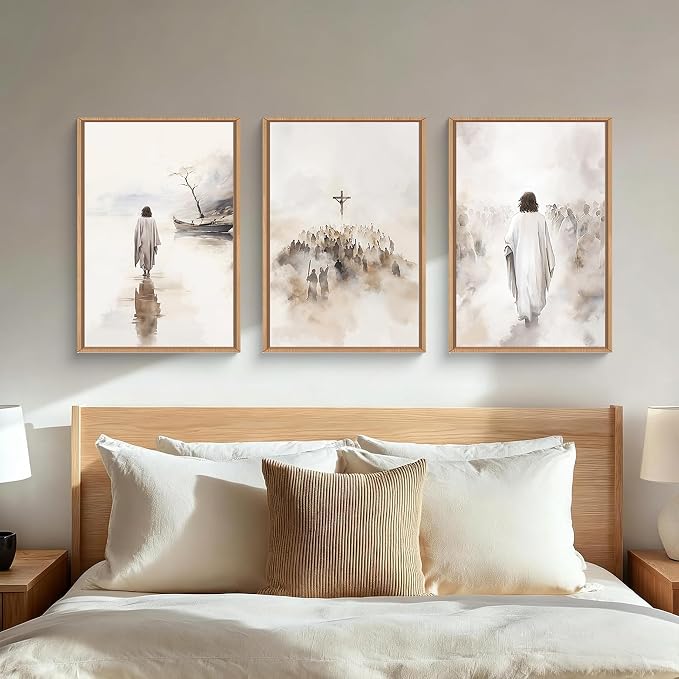 ARYROI Jesus Christ Walking On Water Framed Canvas Wall Art Set,Religious Christian Biblical Scenes Landscape Wall Decor,Watercolor Neutral Faith Scripture Cross Artwork for Living Room,Prayer Room,Church-16"x24"x3