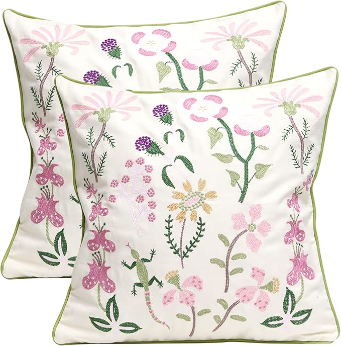 Set of 2 Embroidered Decorative Throw Pillow Covers Couch Square Pillowcases Cushion for Bedroom Sofa Farmhouse Decor 18x18 Inch (Gecko Flower)