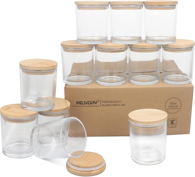 MILIVIXAY 12 Pack 10 OZ Clear Thick Glass Candle Jars with Lids - Bulk Empty Candle Jar for Making Candles - Spice, Powder Containers.