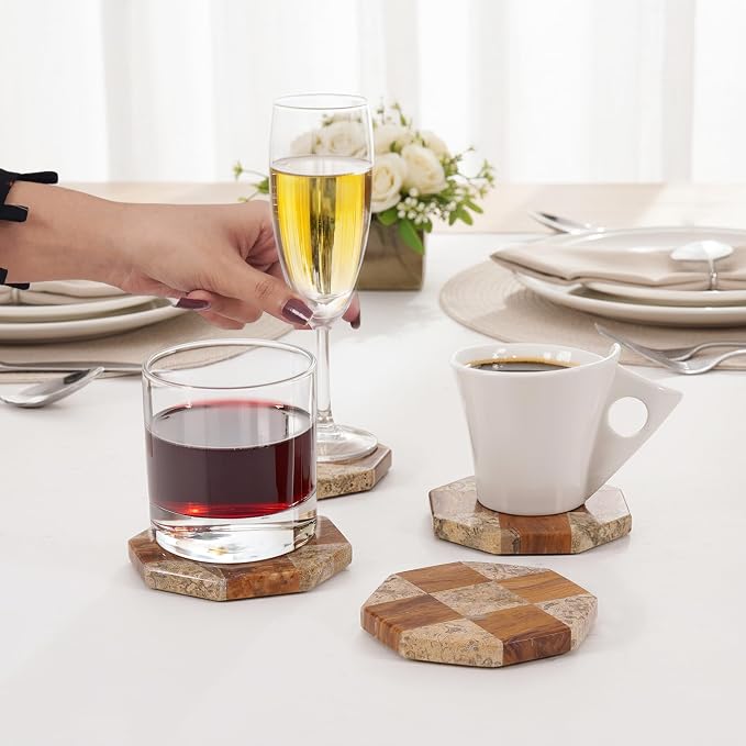 Marble Coasters Set of 4, Coral and Red Handmade 4 inch Star Natural Marble Coaster, Elegant Drink Checkered Coasters for Coffee Table, Stylish Bar Accessories & Home Décor
