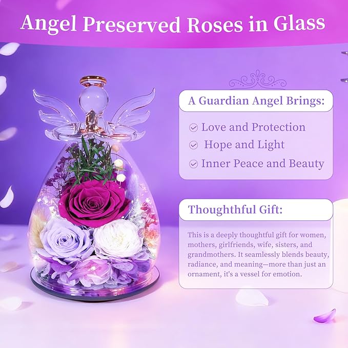 Gifts for Women Preserved Rose Forever Flower Eternal Roses in Glass Angel Figurines Fresh Flowers for Delivery Prime Mothers Day Birthday Gift for Mom Her Wife Grandma on Valentines Day Anniversary