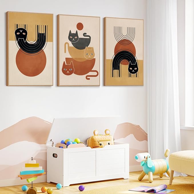 LHIUEM Boho Cat Framed Canvas Wall Art,Mid Century Animal Wall Decor,Modern Black Kitty Painting,Minimalist Orange Beige Artwork for Living Room,Bedroom,Dining Room -16"x24"x3