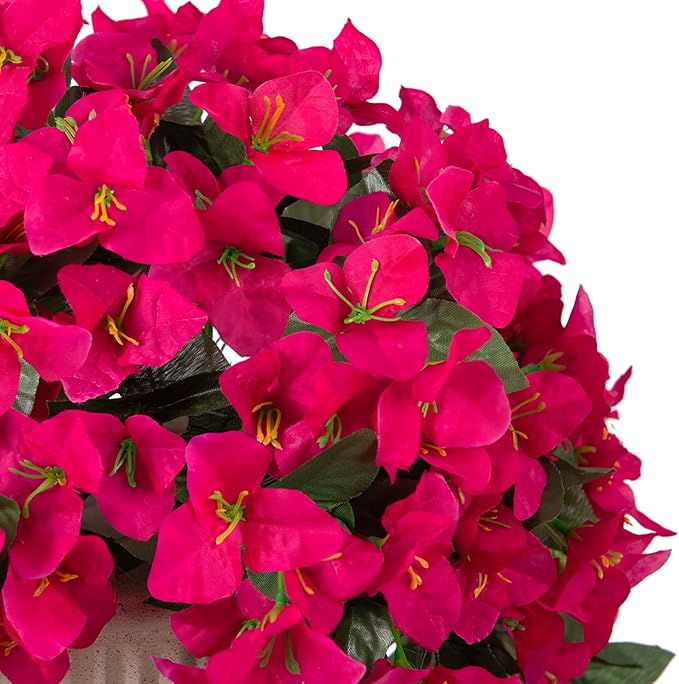 INXUGAO 2 pcs Artificial Faux Bougainvillea Flowers Plants for Outdoor Outside Summer Decoration, Fake Silk UV Resistant Long Trailing Vines for Front Door Porch Planter Balcony (Purple Rose Red)