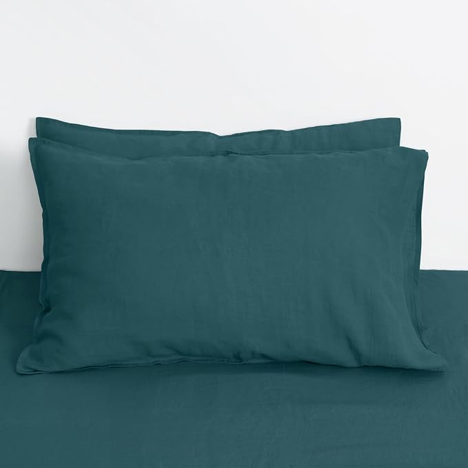 Linen World Linen Pillow Cases Queen Size - 20"x30" Set of 2,100% French Flax Pillowcase,Soft Breathable Natural Pillow Covers,Midnight Green