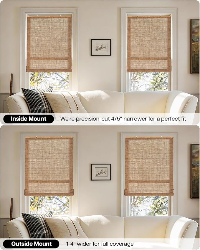 LazBlinds Manual Roll-up Bamboo Blinds, 33" W x 48" H, Star-Brown | Easy Install Roller Shades for Windows, Hook-On Light Filtering Bamboo Shades for Interior Indoor Windows