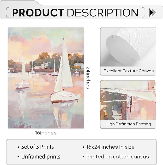 Pink Coastal Wall Art Coquette Beach Canvas Poster Summer Beachy Wall Decor Trendy Pastel Ocean Pictures Preppy Aesthetic Painting Wildflower Prints Sailboat Artwork for Bedroom 16x24 Inch Unframed