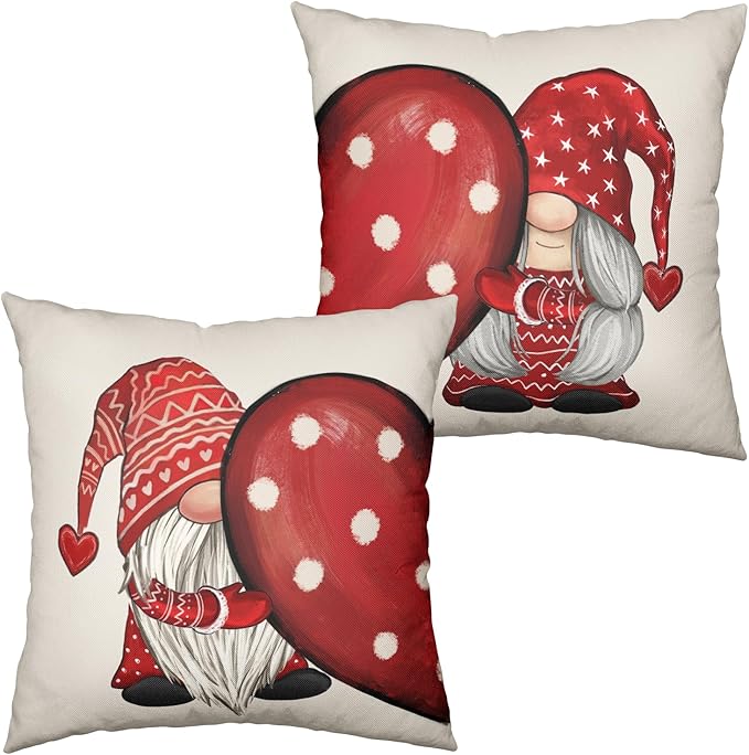 Pack of 2 Valentine Gnome Decorative Pillow Covers 20x20 Red Polka Dots Love Heart Throw Pillow Covers Cotton Linen Cushion Case Valentines Day Decorations for Home Sofa Chair