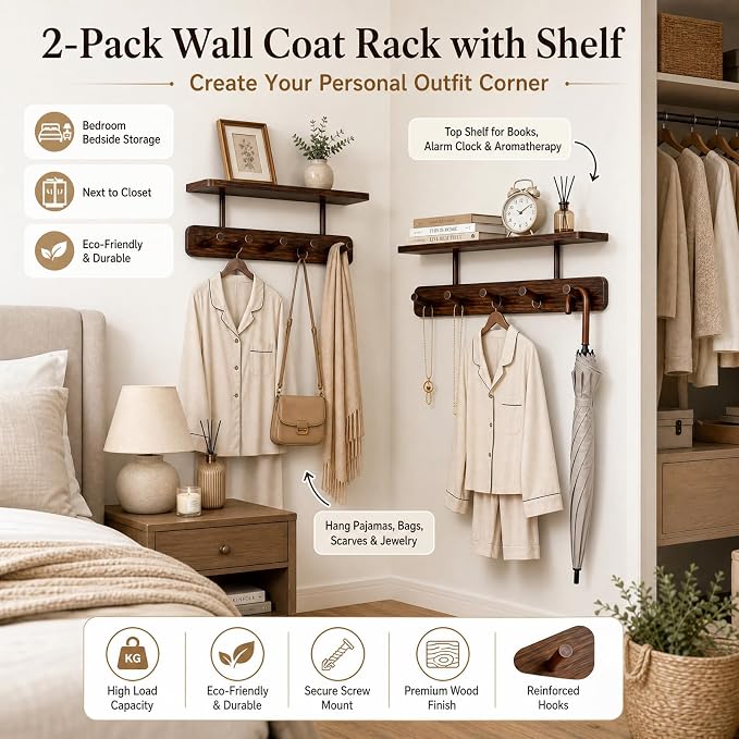 Coat Rack Wall Mount with Shelf, Adhesive or Drilling Mount, 2 Pack Wall Shelf with 10 Wooden Hooks, Hanging Storage for Clothes, Hats, Towels, Keys, Bags, for Entryway, Bathroom