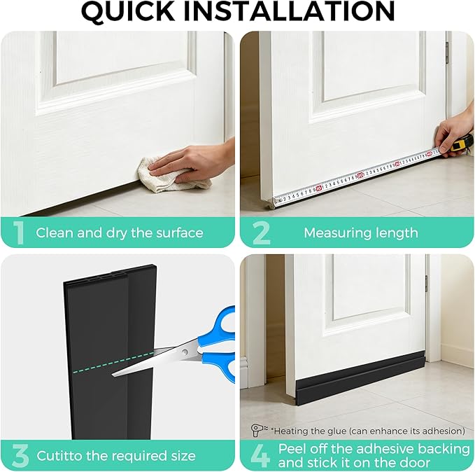 Hojoy 2 Pack Under Door Draft Stopper, Adjustable Door Sweep Anti-Collision Strong Adhesive Weather Stripping Tape Soundproof Draught Stoppers 2" W x 39" L, Black