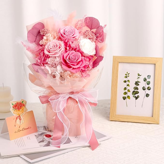 Flowers for Delivery Prime, 4 Pink Rose Preserved Flowers Bouquet Mothers Day Gifts for Mom, Birthday Gifts for Women Her Wife Girlfriend Grandma, Real Forever Flowers for Valentines Day Anniversary