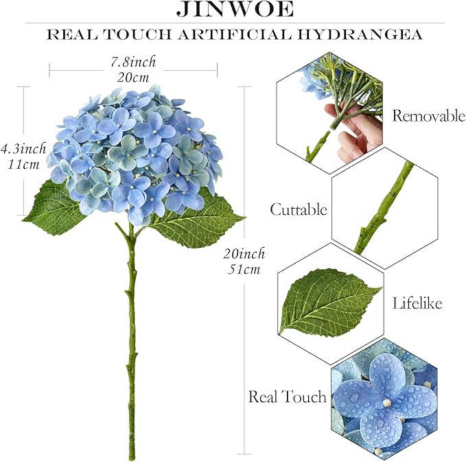JINWOE 4Pcs Hydrangea Artificial Flowers, 20" Lifelike Latex Silk Real Touch Faux Hydrangea Flowers, Artificial Hydrangeas Bouquet for Wedding Centerpieces Tables Party Home (Blue)