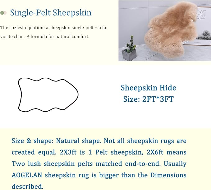 AOGELAN Shaggy Fur Area Rug, Genuine New Zealand Sheepskin Rug, Soft Fur Prayer Pup Carpet Mat, Single Pelt 2ft x 3ft Light Brown
