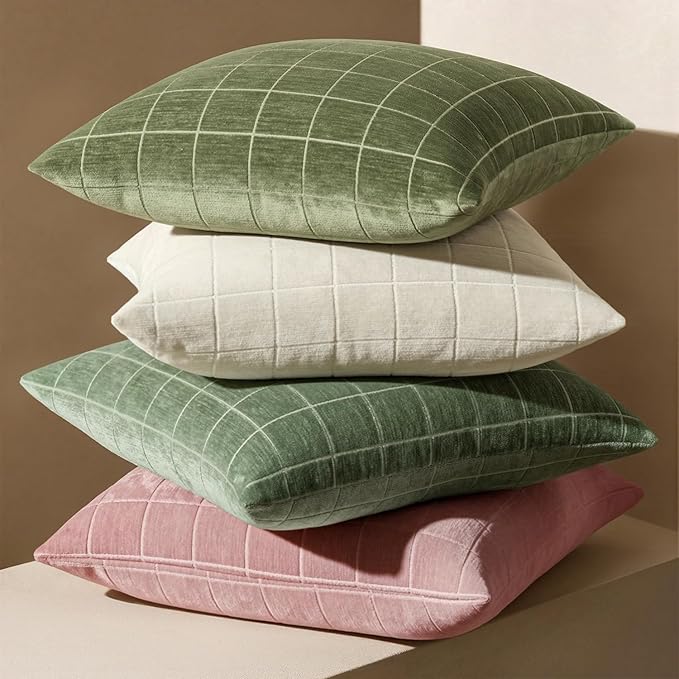 MIULEE Decorative Chenille Check Throw Pillow Covers Vintage Plaid Couch Pillows 20x20 Inch Set of 2 Neutral Boho Farmhouse Cushion Covers Modern Spring Decor for Sofa Bed Living Room Sage Green