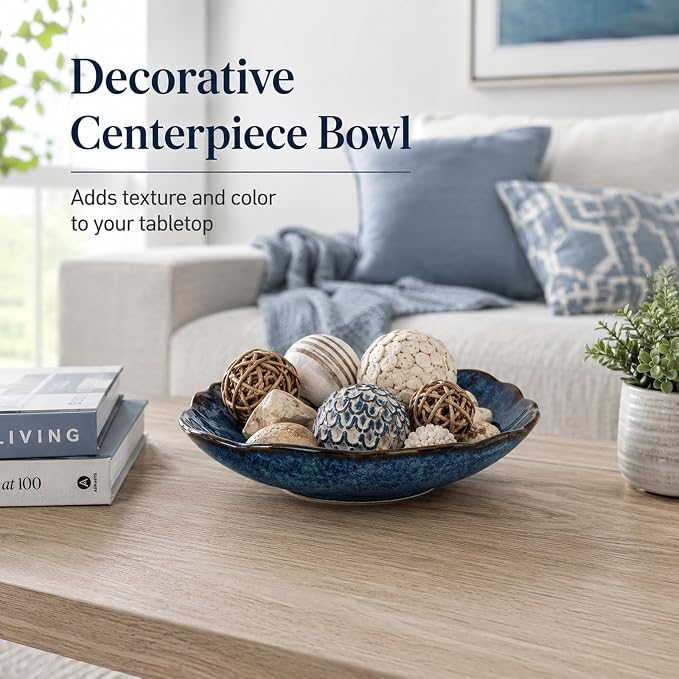 Blue Ceramic Decorative Bowl, 10.8in Navy Centerpiece Bowl for Coffee Table