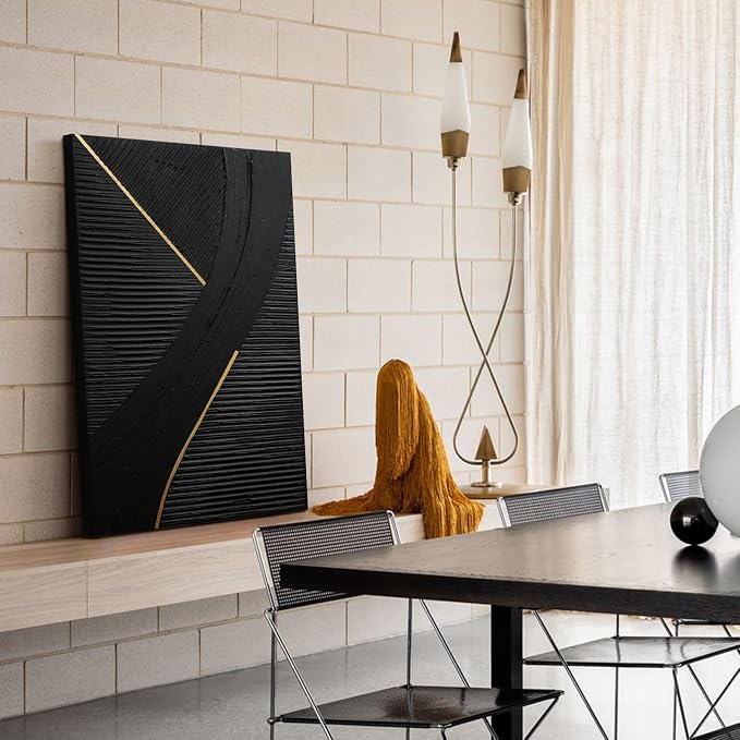 Abstract Black & Gold Canvas Wall Art,3D Line Texture Modern Oil Painting | Hand-Painted Black Vertical Artwork for Living Room Bedroom Office, 24x36 In Large Original Wall Decor, Ready to Hang