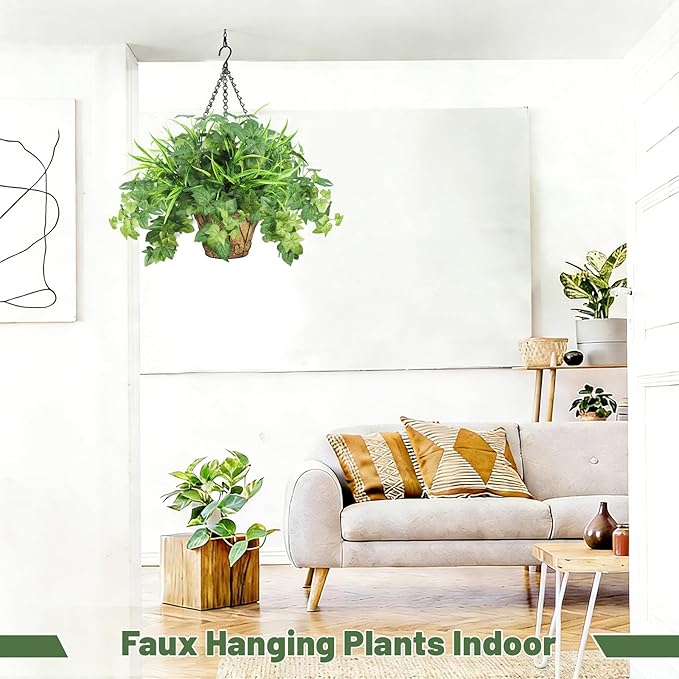 Artificial Hanging Plants with Basket, 5 PCS UV Resistant Fake Outdoor Greenery, Faux Grape Leaves for Home Garden Patio Front Porch Yard Decor