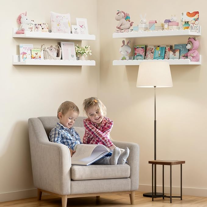 Yirilan 4-Pack 23.5IN Scalloped Shelves, Nursery Shelves for Wall, Floating Nursery Book Shelves for Kids, White
