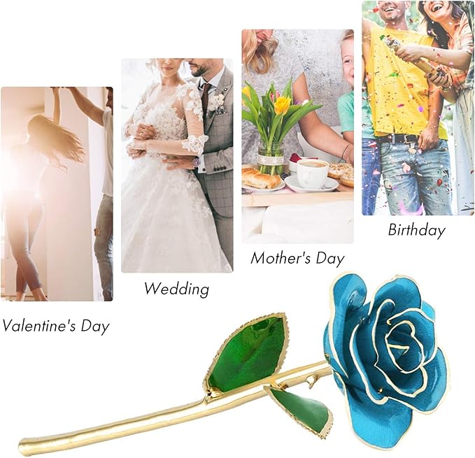 Blue Rose with Stand, Forever Preserved Gold Dipped Rose Flower for Wife Mother Girlfriend, Blue Rose with Stand
