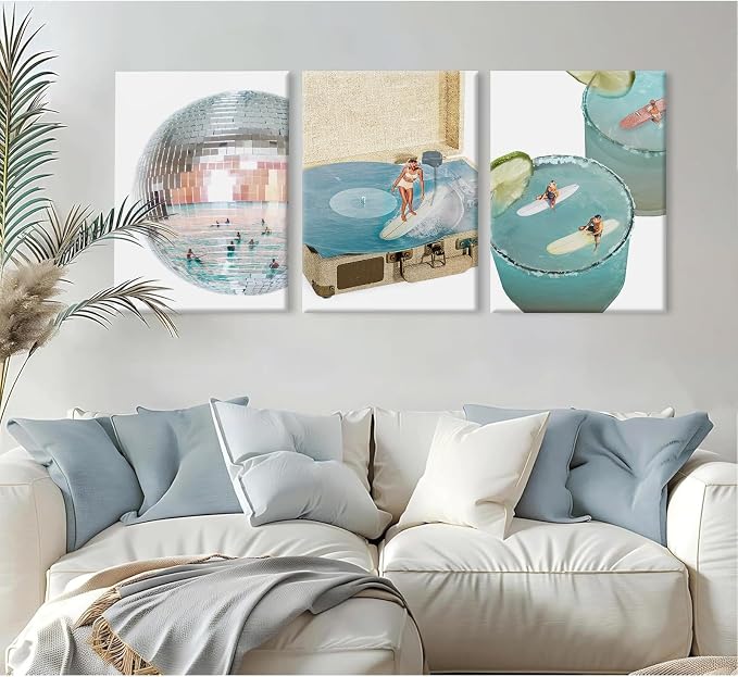 Blue Coastal Groove Wall Art Retro Disco Beach Canvas Poster Summer Surf Wall Decor Trendy Coastal Pictures Ocean Painting Preppy Aesthetic Prints Funky Artwork for Bedroom 12x16 Inch Ready to Hang