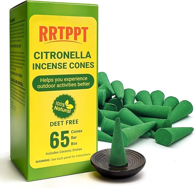 Citronella Incense Cones with 2 Ceramic Dishes | Made with Plant-Based Ingredients | Citronella | Lemongrass Oil | Rosemary Oil | Suitable for Indoor and Outdoor Use (65 Cones)