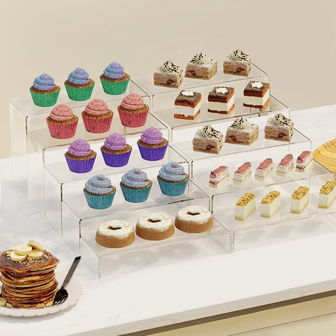 Anglelife 10 Pcs 2 Set 5 Size Large Acrylic Risers, (7”L~8”L~9”L) Rectangular Clear Risers Display Shelves, Transparent Acrylic Risers for Decor, Cupcake Candy Shoe Showcase Stands