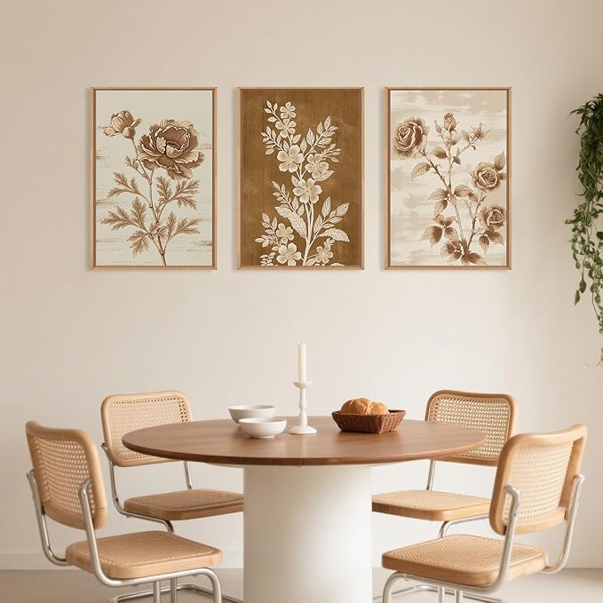 Vintage Botanical Floral Framed Canvas Print Wall Art Set,Retro Brown Rose Flowers Wall Decor,Nature Modern Elegant Poppy Boho Wildflower Artwork for Living Room,Bedroom,Office-24 x36 x3