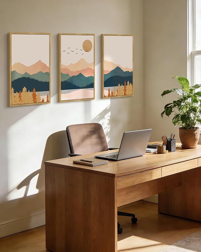 PHOPAGO Mountain Range Landscape Large 16x24in Framed Wall Art Watercolor Nature Laker Paints Boho Sun Rises Rustic Room Decor for Living Room Farmhouse - Natural Framed