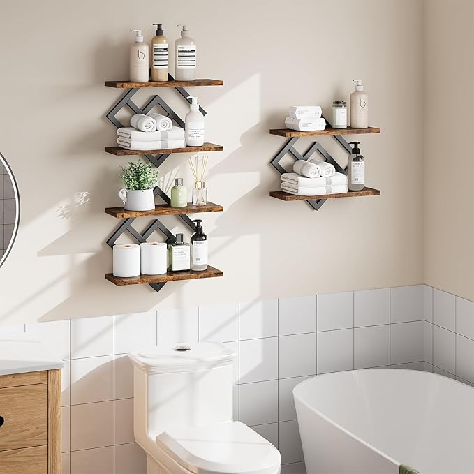 ELYKEN Floating Shelves for Wall, Set of 3 Hanging Shelves, 2-Tier Wall Mounted Storage Shelves for Books & Decor, Perfect for Living Room, Bedroom, Kitchen, Home Office, Study, Rustic Brown