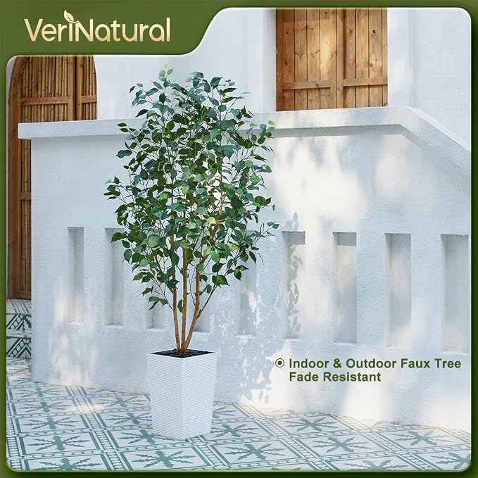 VeriNatural 6ft Artificial Ficus Tree-Tall Faux Tree with Pebbles & Planter UV Resistant Potted Fake Plant with Silk Leaves & Real Wood Trunk-Indoor Outdoor Floor Plant for Home,Living Room,VN129