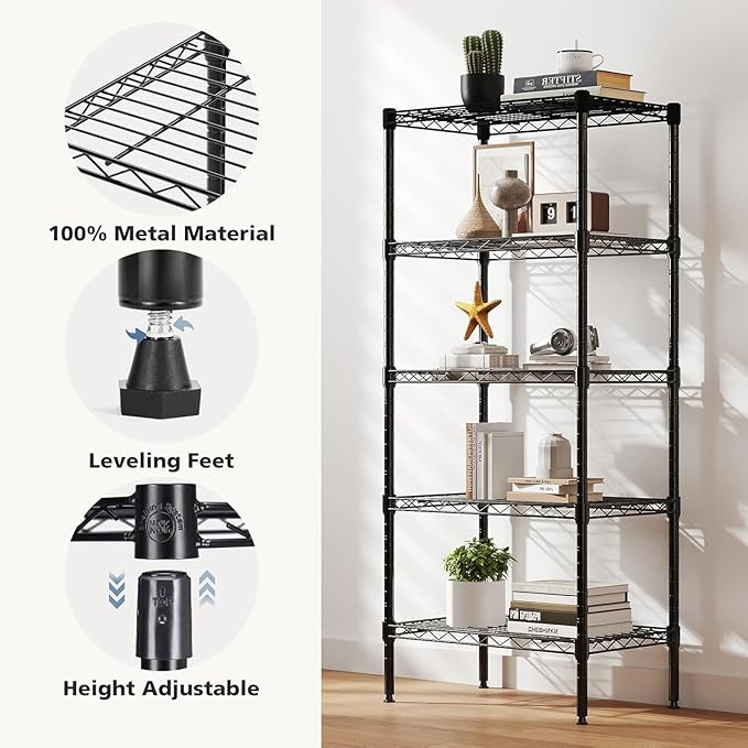 Simple Deluxe 5-Tier Heavy Duty Adjustable Shelf with Wheels, 23.23”W x 13.39”D x 59.45”H,Metal Storage Rack, Easy Tool-Free Assembly for Garage, Warehouse, Basement, Laundry, Black