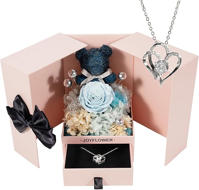JoyFlower Preserved Flowers Bear with Necklace Gifts for Girlfriend, Unique Pearl Rose Bear Necklace Birthday Gifts for Mom, Blue Eternal Roses Mother's Valentine's Day for Wife Her