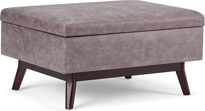 SIMPLIHOME Owen Coffee Table Storage Ottoman - 34" Wide x 19" High Upholstered Vegan Leather Rectangular Lift-Top Ottoman in Distressed Grey Taupe, Mid-Century Modern Bench with Tapered Legs