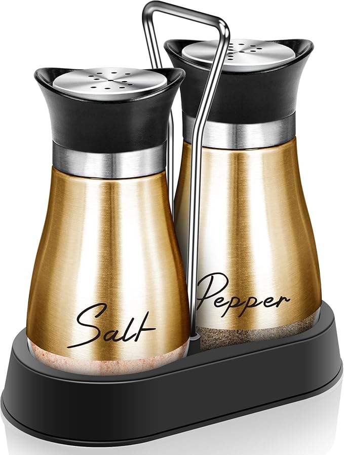 Copper Salt and Pepper Shakers Set with Holder,4 oz Modern Farmhouse Kitchen Decor and Accessories for Restaurant, Wedding, Housewarming Gifts Refillable Design (Copper)