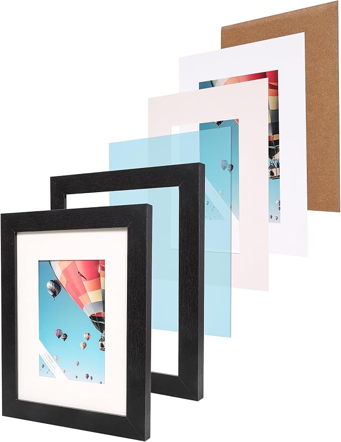 The Display Guys - Black Wooden Minimalist Picture Frames Set - Tempered Glass - 8x10 matted to 5x7 - Tabletop Easel - 4-Pack