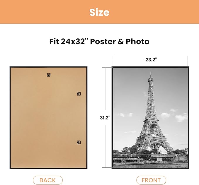 upsimples 24x32 Poster Frame Black 3 Pack, Scratch-Proof Picture Frames 24 x 32 for Photo Gallery - Slide-In Strips, Horizontal or Vertical Wall Mounting