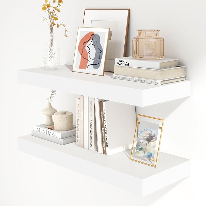 FLYJOE Deep Floating Shelves, 30 Inch White Shelves Set of 2 | 12 Inch Deep Shelves for Wall, 30'' x 12'' Rustic White Wood Shelves for Bathroom Living Room Laundry Room Kitchen
