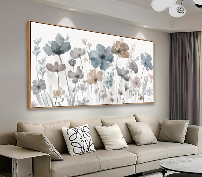 yearainn Framed Elegant Watercolor Floral Wall Art – Blue and Taupe Botanical Flowers Picture, Soft Abstract Floral Painting Artwork for Home Wall Decor, Ready to Hang, Natural Wood Frame, 24" x 48"