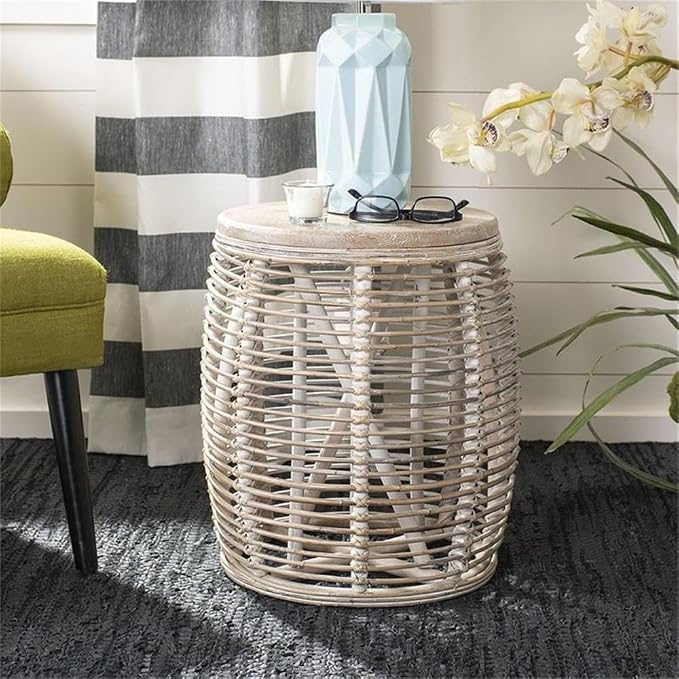 SAFAVIEH Furniture - Maui Rattan Drum Stool Table - Grey White-Wash - Rattan - Coastal Woven Design - Fully Assembled - Ideal for Living Room, Bedroom, Patio - Fully Assembled (STL6500A)