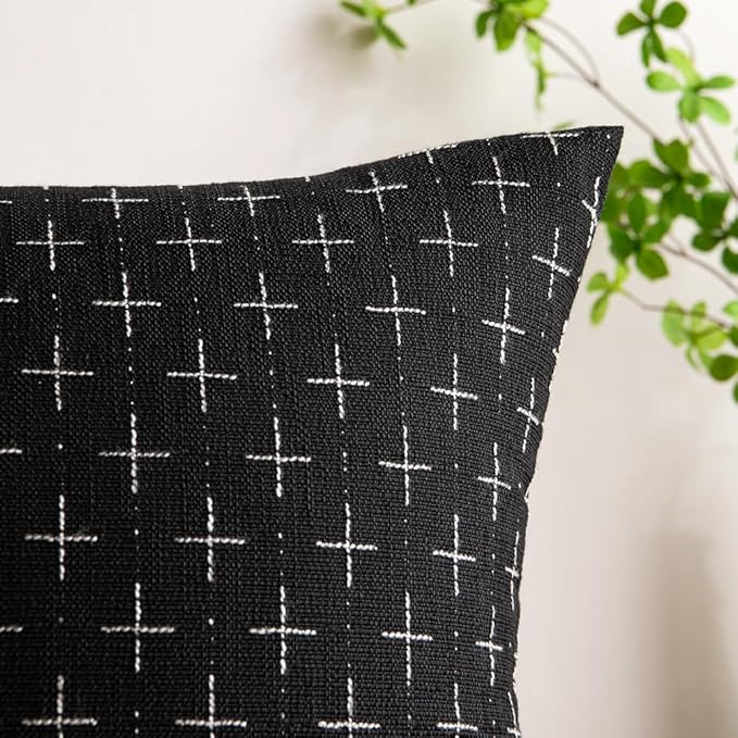 MIULEE Pack of 2 Decorative Burlap Linen Throw Pillow Covers Modern Farmhouse Pillowcase Rustic Woven Textured Cushion Cover for Sofa Couch Bed 16x16 Inch Black