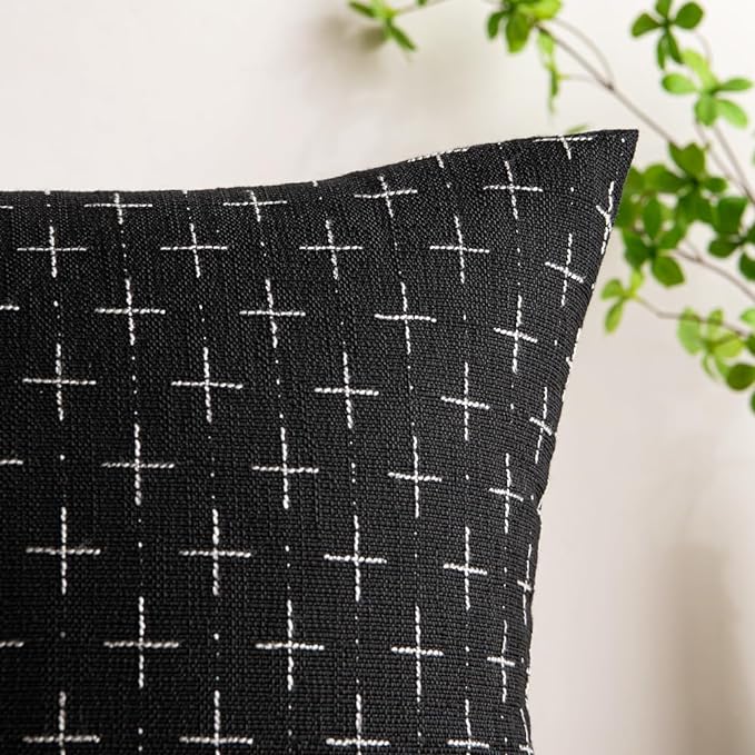 MIULEE Pack of 2 Decorative Burlap Linen Throw Pillow Covers Modern Farmhouse Vintage Pillowcase Rustic Woven Textured Cushion Cover for Sofa Couch Bed 18x18 Inch Black