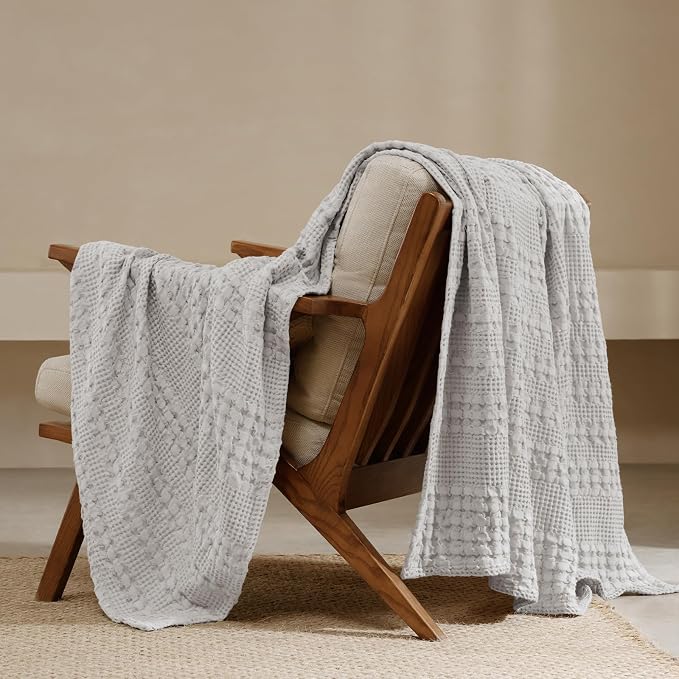 PHF 100% Cotton Waffle Throw Blanket for Couch, Lightweight Breathable and Soft for Summer, Luxury Aesthetic Waffle Weave Blanket for Home Decor & Office, Gifts for Women, 50"x60", Light Grey
