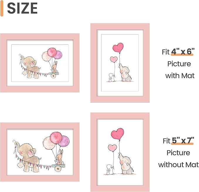 upsimples 5x7 Picture Frame, Display Pictures 4x6 with Mat or 5 x 7 Without, Wall Hanging Photo Frames, Pink, 1 Pack