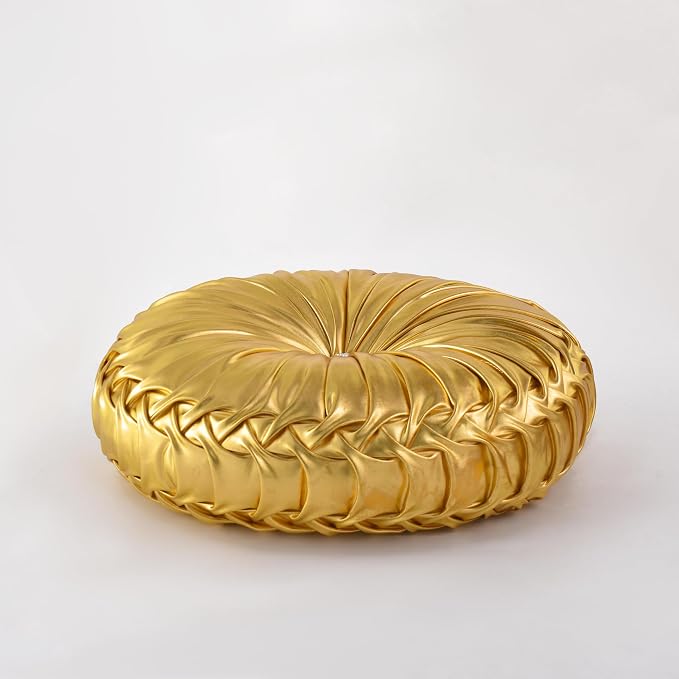 HIG Set of 2 Handcrafted Gold Ruched Round Throw Pillows – 14.5’’ Metallic Leather Decorative Pillows with Soft Polyester Filling for Couch, Bed, Living Room, Bedroom, or Dorm