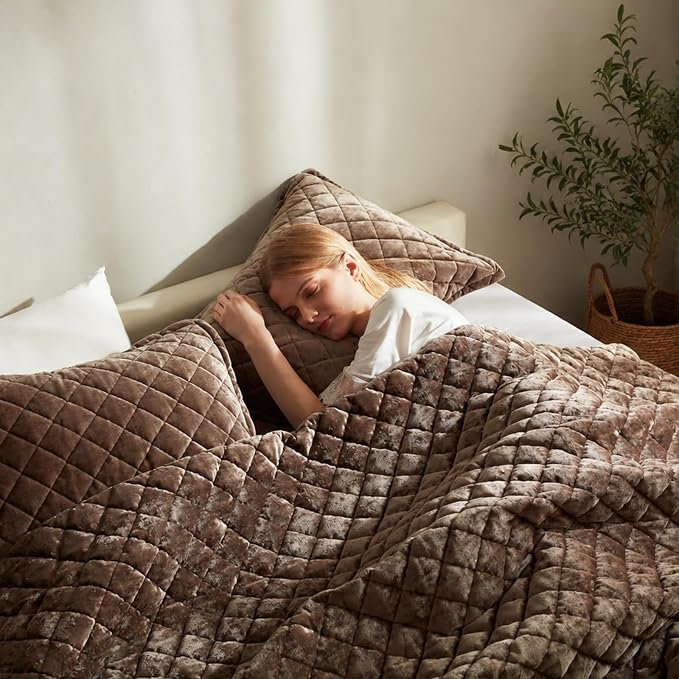 Cosybay Luxury Velvet Quilt Set Queen, Lightweight Oversized Bedspread Coverlet Quilted Box Stitch Bedding Set, with 2 Matching Pillow Shams, for All Season, Mocha Brown