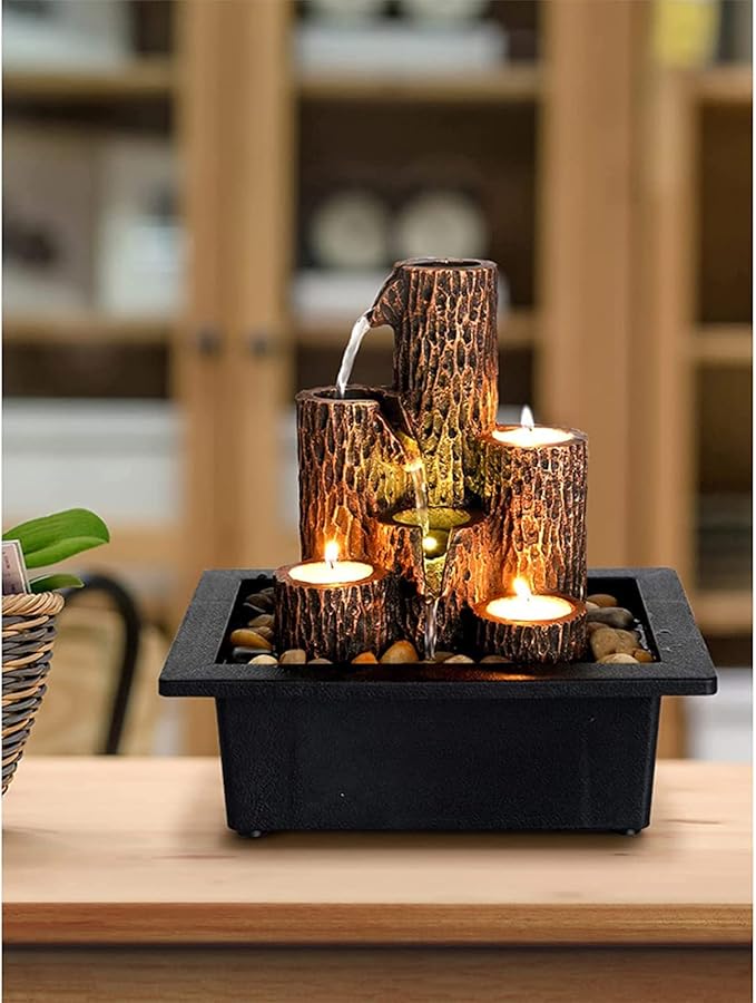 Small Indoor Relaxation Tabletop Fountain, Zen Meditation Waterfall Feature with Color LED Light & Natural Rocks, 4 Level Desk Waterfall for Home Office Bedroom Living Room Decoration (Style 4)