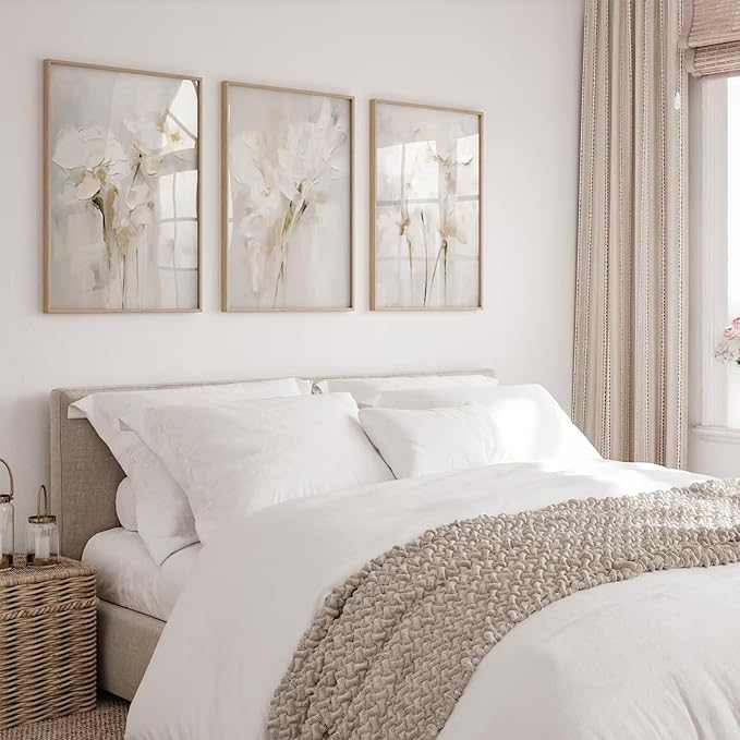 Neutral Wall Art Abstract Floral Canvas Pictures Beige Flower Wall Decor Modern Painting Minimalist Poster Abstract Botanical Prints White Artwork for Bedroom Living Room 24x36 Inch Unframed Set of 3