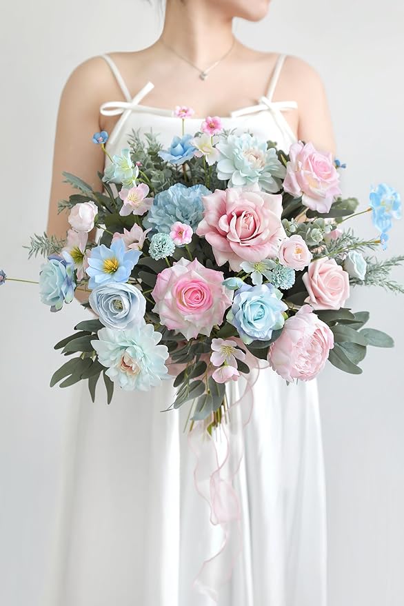 rongflower Artificial Flowers Combo Box Set Silk Flowers Fake Rose for DIY Floral Arrangements Wedding Bouquets Centerpieces Baby Shower Party Home Decorations (Blue Pink)