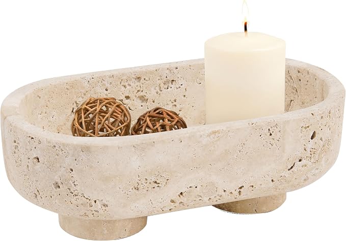Radicaln Marble Oval Bowl With Stand 10" Inches Travertine Handmade Decorative Bowl, Ideal Key Bowl & Candle Holder, Candy and fruit Dish For Kitchen Countertop